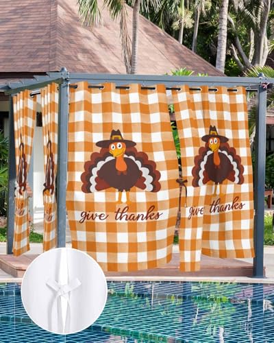 Outdoor Curtains for Patio, Thanksgiving Turkey Waterproof Blackout Outside Curtain for Porch/Pergola/Gazebo, Fall Orange Farmhouse Plaid Thermal Insulated Drapes for Cabana, 2 Panels, 54 x 95 Inch - size: 54"W x 95"L (Pack of 2)