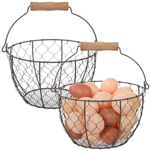 2 Pcs Wire Egg Baskets, Farmhouse Chicken Egg Collecting Baskets, Rustic Metal Egg Storages with Wooden Handle, Stackable Fresh Holders for Fruits, Vegetables, Sundries