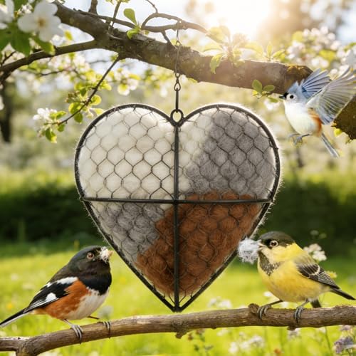 Handmade Alpaca Fiber Bird Nesting Heart for Wild Birds, Bird Nesting Material Holder, Natural Nesting Holder for Garden Trees, Hummingbird Nest/House, Outdoor Garden Decortion