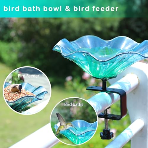 Deck Mounted Bird Bath for Outdoors, Glass BirdBaths Bowl for Garden | Blue Glass Bird Baths Bowl with Adjustable Sturdy Steel Fence Clamp for Garden Patio Lawn Yard Deck Balcony Railing - color: Blue