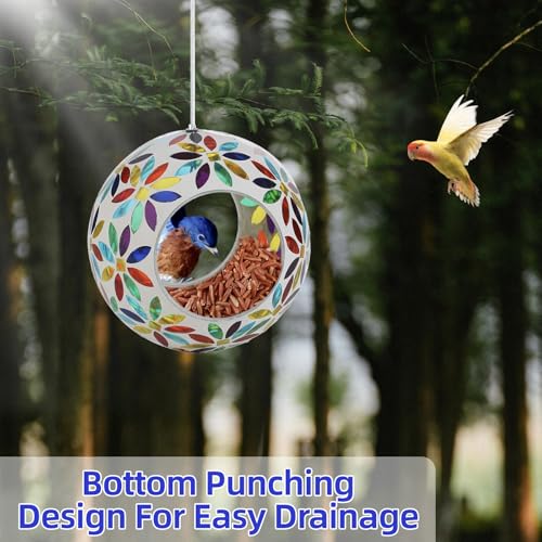 VOREEN Mosaic Glass Bird Feeder, Handcrafted Hanging Fly-Through Feeder for Outdoor Garden & Backyard, Decorative Wild Bird Feeder with Steel Wire Cable, Mosaic Colorful Flowers - color: Multicolor