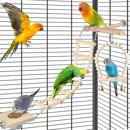 DBNESS 5in1 Bird Toys, Birdie Perches Platform Swing with Stainless Steel Feeding Cup Climbing Ladder, Wooden Play Gym for Cockatiels Lovebirds Budgies Pacific Parrotlets Finch Canaries