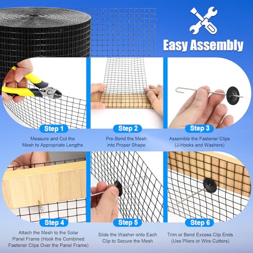 8in X 100ft Solar Panel Bird Guard - 1/2" Black PVC Mesh Galvanized Net | Rust-Resistant Net, Critter Guard for Solar Panels with 70 Fastener Clips, Gloves, Cutting Pliers - size: 8in X 100ft