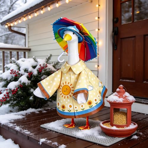 3 Pcs Raincoat Summer Porch Goose Outfits Fits 23” Goose Statue Decoration | Cute Costume for Outdoor Garden Lawn Yard Decor with Raincoats Umbrella Hat Outfit - color: Sun and White Clouds