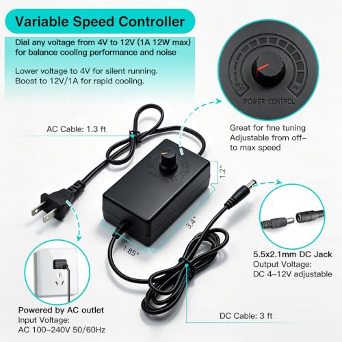 120mm AC Computer Cooling Fan, 110V-240V Speed Controller, for PC, Router | Wall plug exhaust with 5ft cord, metal guard, 25mm thick, for AV cabinet, receiver, amplifier, electronics, and greenhouse