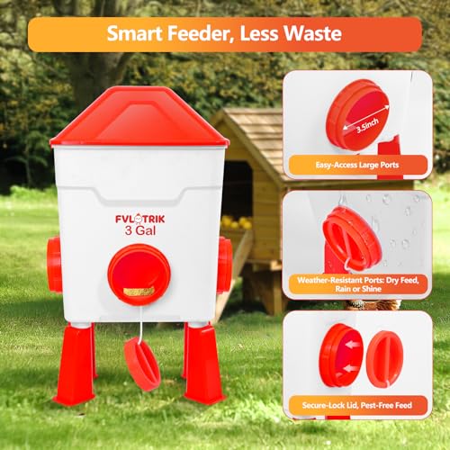 3 Gallon Chicken Waterer and Feeder Set, No Waste Poultry Feeding | 2.75' Automatic Cups & 3.5" Feed Ports for Large Beaks, Anti-Roost Cone, Standing/Hanging Use, Easy No-Tools Assembly