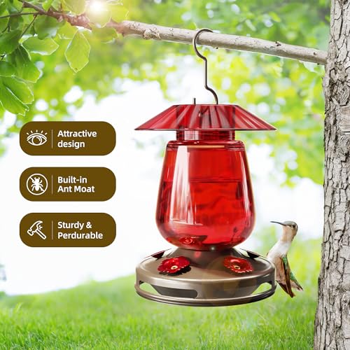 Auslar Glass Hummingbird Feeder for Outdoors, 16 Oz Bird Nectar Feeder, Red | Ant Moat & 5 Feeding Ports, Durable Glass, Ant and Bee Proof, Leakproof, Easy Clean and Fill, Garden Hanging Decor - color: Red