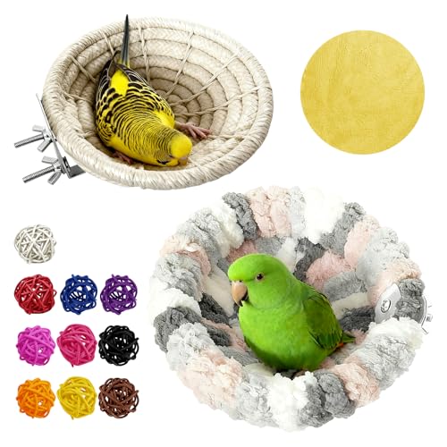 12pcs Bird Nest for Cage, Plush Hanging Bird Bed | Hand Woven Hemp Rope Nest, 9 Bird Toys Included, For Dove Parrot Canary Little Parrot, Warm Breeding Cabin Nest