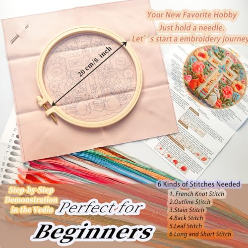 FONNUY Easter Rabbit Floral Cross Embroidery Kit, Easter Egg Happy Rabbits Bunny Stamped Pattern Kits for Audlt Beginners, Hand Works Crafts, 8 x 8'' (Happy Bunny 03) - color: Happy Bunny 03