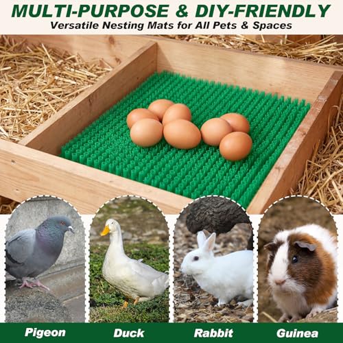Green 6 Pack Chicken Nesting Box Pads with 6 Pcs Fake Wooden Eggs Washable Artificial Grass Nesting Pads Reusable Plastic Bedding Laying Mats for Chicken Coop, 12" x 12" - color: Green