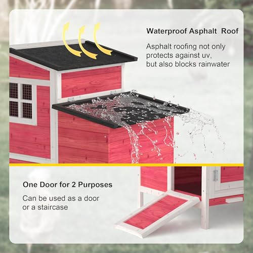 GOJOOASIS Chicken Coop for 2 Chickens Raised House with Ramp & Nesting Box | Outdoor Wooden Hen House for Small Animals, Backyard Chicken Hutch Poultry Cage, Waterproof Roof, Easy-Clean Tray, Red - color: Red