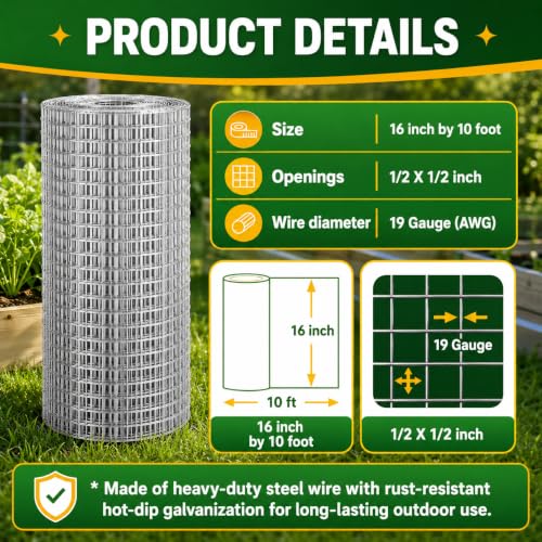 16in x 10ft Hardware Cloth Chicken Wire -1/2 Inch 19 Gauge Hot Dipped Galvanized After Welding Welded Wire Mesh, Rust-Proof Fencing for Gardens, Chicken Coops & Poultry Netting - size: Silver-1/2inch 16inch×10ft