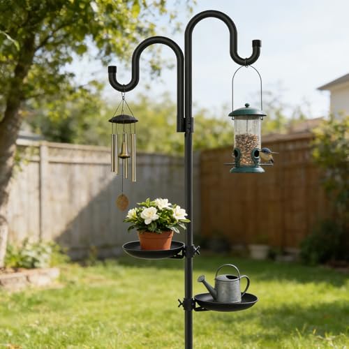 Upgraded 74" Double Shepherds Hooks，Outdoor Bird Feeder，Hanging Plants，Wind Chime Hanger, Waterproof Metal & Adjustable-Height Pole Holder for Lantern ，Hummingbird Feeder，Wreath （2 Placement Racks)