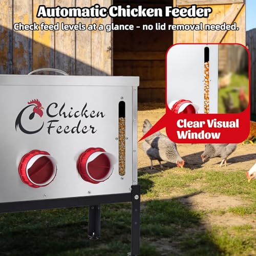 80LB Metal Chicken Feeder, Rat Proof Automatic Chicken Feeder with Visible Window & 8 Ports, Galvanized No Waste Poultry Feeder for Chickens, Ducks, Geese - size: 80 LBS