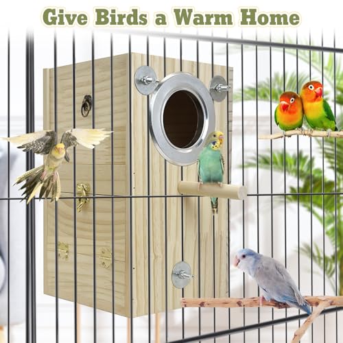 kathson Bird Nesting Box Wooden Parakeet Nesting Box Parrots Breeding Mating House Wood Bird Aviary Budgie Cage Accessories for Cockatiel Finch Lovebirds Conure