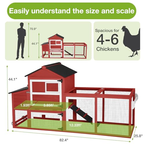 GUTINNEEN Large Chicken Coop with Run for 4-6 Chickens, Mobile Chicken Coop with Wheels & Handle, Outdoor Wooden Hen House with Nesting Box, Removable Tray, Waterproof Roof, Poultry Cage-Red - size: 82.4"L x 25.8"W x 44.1"H-Red