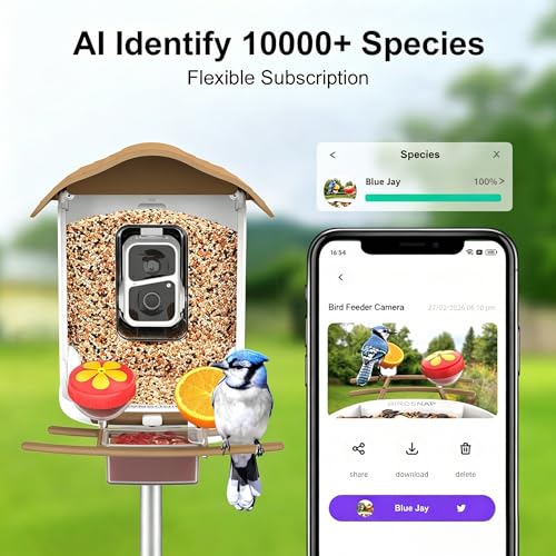 birdsnap® PAV Bird Feeder with Camera Solar Powered 2K Live Video 64GB Card | AI Bird Species Identification, Instant Arrival Alerts, IP65 Waterproof, Wild Bird Feeders for Outdoors, Gift for Bird Lovers - color: Light Brown