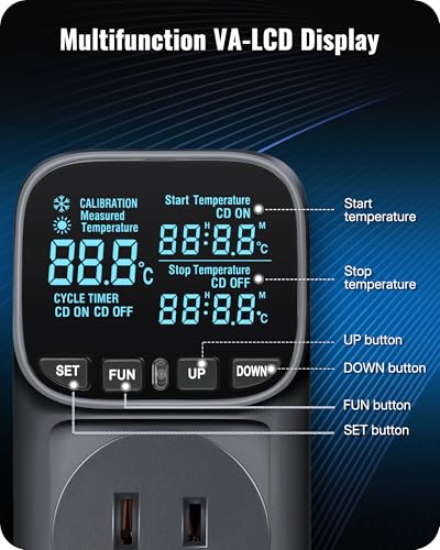 Digital Temperature Controller Outlet, 15A/1800W Heavy Duty Thermostat Plug, VA LCD Display, Heating/Cooling Control, -40°F~210°F, 4 Timer Modes, for Greenhouse Incubator Homebrew B01TC06 - color: Black-6.6ft