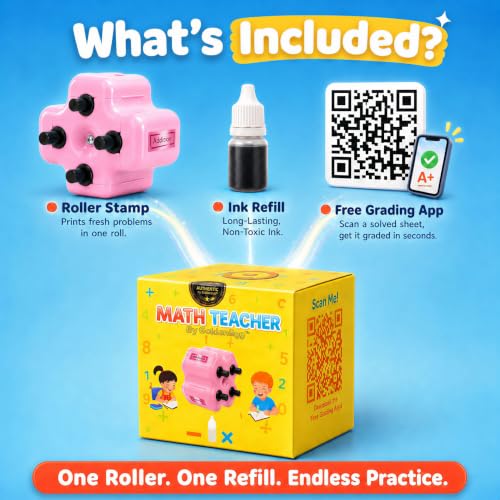 GoldenEgg Math Teacher 4-in-1 Math Roller Stamp, Addition, Subtraction, Multiplication & Fill-in-the-Blank Practice Tool for Kids, Classroom & Home Use (Pink) - color: Pink