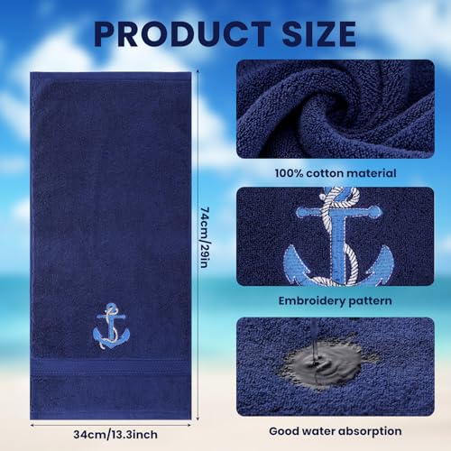 SmoothNovelty 2 Pcs Nautical Anchor Hand Towels for Bathroom 14x29 Inch | Embroidered Navy Blue Bathroom Hand Towels, 100% Cotton, Soft Absorbent, Summer Ocean Bathroom Kitchen Decor - style: Nautical Anchor
