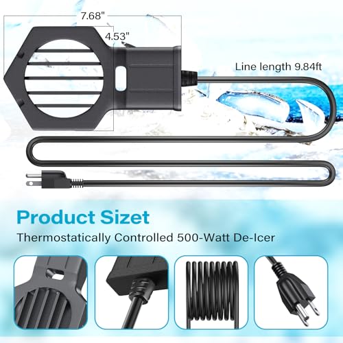 500W Pond Heater Submergible De-icer Cast Aluminum Chicken Water Heater,Stock Tank Heater for Livestock/Horse/Fish/Bird Bath Winter Outdoor, 10ft (500W)