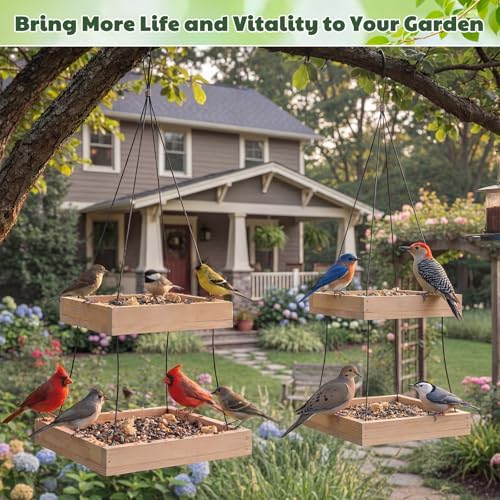 2 Pack Bird Feeder Platform 2 Tier Large Bird Feeder for Outdoors 10 Lbs Capacity in Total Natural Wood Hanging Tray for Garden Yard Outside Decoration Attracting for Wild Birds