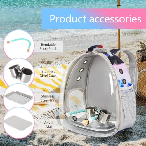 Galaxy Bird Carrier Backpack, Water and Food Cup, Tray and Perch, Clear Bubble Space Capsule Travel Bag - color: Galaxy Blue