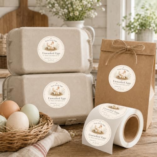 Louise Maelys 2 Inch Farm Fresh Eggs Stickers, 500Pcs Eggs Labels | Writable,Egg Carton Labels Roll, Unwashed Eggs Stickers, Collected On Date Line, Small Farm Egg Packaging,Farm Stand Supplies - color: Egg