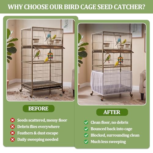 Bird Cage Cover,Bird Cage Seed Catcher,Durable Airy Nylon Mesh Net, Adjustable Birdcage Cover Skirt Seed Guard for Parrot Cockatiel Parakeet Pigeon Big Round Square Cages(White) - color: White