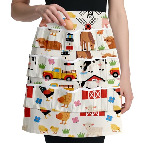 CUTHOLLOW Egg Collecting Apron for Adlut, Housewife, 18 Deep Pockets Hen Egg Gathering Holding Apron with Elastic Closures - style: Farm Animals