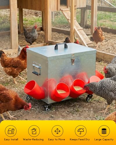 Magicfly 40 lbs Chicken Feeder No Waste, Large Metal Chicken Feeder Box | 8 Bell-Mouth Feeding Port, with Handle and Wheels, Rat Proof Chick Feeder for Chickens, Ducks & Geese - size: 40 lb