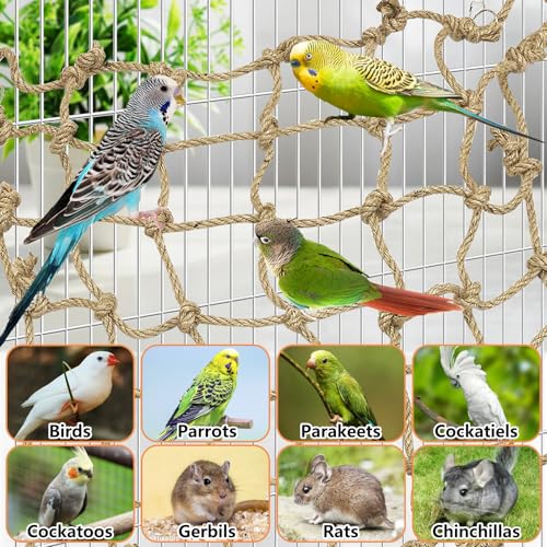 Tfwadmx Natural Bird Rope Net, Large Size - 24''X24'' Parrot Swing Hammock, Bird Climbing Ladder Hanging Cage Perch Chew Toys for Budgies Macaw Conure Finch Cockatoo Budgie African Grey Parakeet