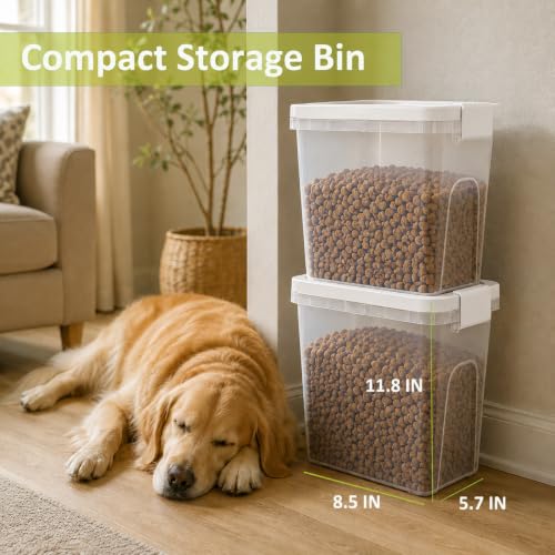 5-10 Lbs Airtight Cat Dog Food Storage Container, 8QT Compact Pet Food Bin | Plastic Food Container with Buckle-Lock Lid & Scoop for Dog, Cat, Bird Seed, Pet Food, Chicken, Dry Food, Rice, Cereal, Flour - color: Bright White