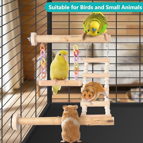 DBNESS Bird Perches Ladder with Swing, Natural Wood Parrot Climbing Bridge Perch Toys, Exercise Play Stand Parakeet Cage Accessories for Budgie Cockatiel Green-Cheeked Conure Caique