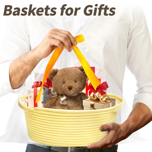 Pro Goleem Small Woven Basket with Gift Bags and Ribbons Durable Baskets for Gifts Empty Small Rope Basket for Storage 12"X 8" X 5" Baby Toy Basket with Handles, Yellow - color: Yellow