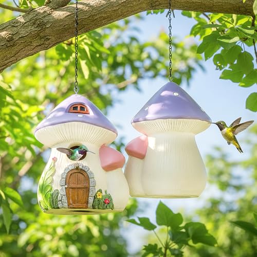 WUWEOT Garden Bird House for Outside Clearance, Resin Hanging Birdhouse, Decorative Mushrooms Humming House, Bird Blue Wren Finches Bluebird Nesting for Home Garden Yard Patio Outdoor