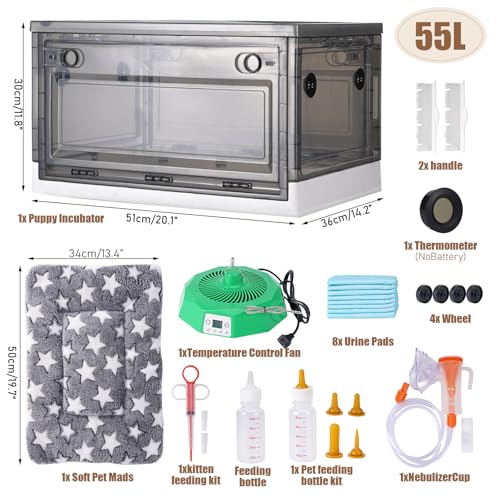 Puppy Incubator with Heating,Temperature Control and Light, Warmer Fan for Ventilation Circulation, Incubator Box for Kitten Puppies and Chick Chicken (55L) - size: 55L