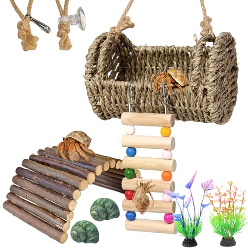 Hermit Crab Hideout with Ladder, Lizard Climbing Toys, Hermit Crab Hut with Aquarium Plants, Reptile Habitat for Gecko Hamsters Rats Birds
