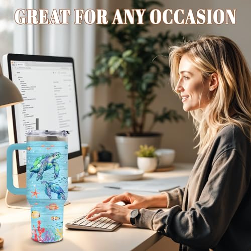 DUUV Sea Turtle Tumbler 40oz, Blue Turtles Cup Gifts for Women | Ocean Themed Tumbler for Beach Lovers Leakproof, Cute Animal Print Water Bottle, Ideal Gifts for Sea Turtle Lover, 1 Pack - color: Light Blue Turtle
