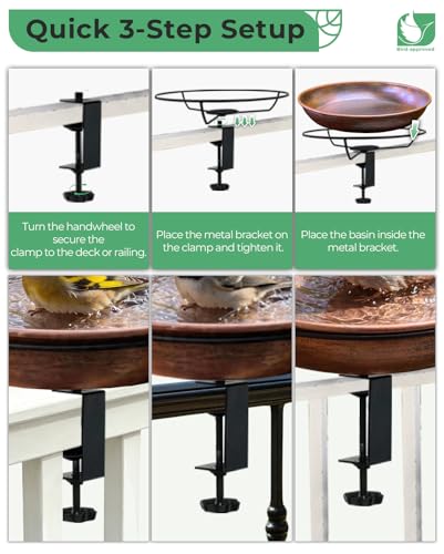 Deck Mounted Bird Bath with Adjustable Clamp, Removable Metal Bowl | 0.7 Gal Capacity, Easy Clean, Balcony Deck Use, Stable Railing Mount