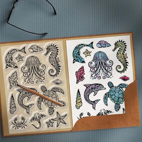 CHGCRAFT 4 Pcs Ocean Theme Pattern Clear Stamps Turtle and Octopus Silicone Stamp Seal for DIY Scrapbooking and Card Making Paper Craft Decor 6.3 × 4.3 Inch - style: Ocean Theme