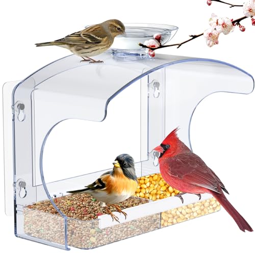 Clear Window Bird Feeder with Water Bowl | Self-adhesive hooks, brush for easy cleaning, ideal gifts for mom parents, clear design for close-up bird watching