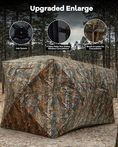 Portable Pop-Up Hunting Blind, 4-6 Person Camouflage Ground Blind with 270° See-Through Windows, Waterproof, Windproof, Silent Design, for Deer & Turkey Hunting