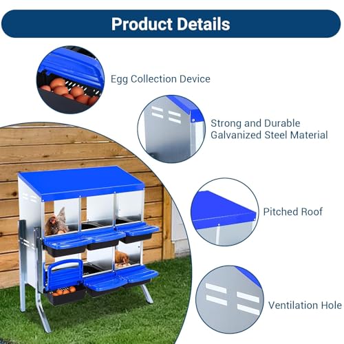 GarveeHome 2-Tier Chicken Nesting Box, 6 Compartment Metal Chicken Laying Boxes with Waterproof Roof ＆ Removable Trays for Hens, Poultry，Easy Egg Collection - color: Blue, size: 32.1"L x 16.9"W x 26.6"H