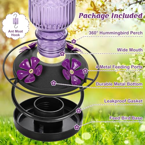 Glass Hummingbird Feeder for Outdoors Hanging, 16 oz Leak-Proof Nectar Feeder with Bee Guards & Ant Moat, 4 Metal Flower Feeding Ports, 360° Perch Ring, Easy Refill & Clean, Purple - color: Purple