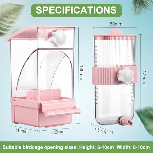 Novabright No Mess Bird Feeder Water Dispenser Set, Automatic Transparent Bird Food Container and 12 oz Automatic Water Feeder for Small Birds Parrot, Cockatoo, Canary, Cage, Lovebird, Budgies (Pink) - color: Pink