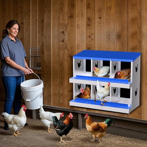 6 Compartment Chicken Nesting Box, Galvanized Steel Metal Laying Box with Removable Tray Roll-Out Egg Collection, Wall Mount Hen Roosting Box, Easy Egg Collection - color: Blue, size: 6 holes