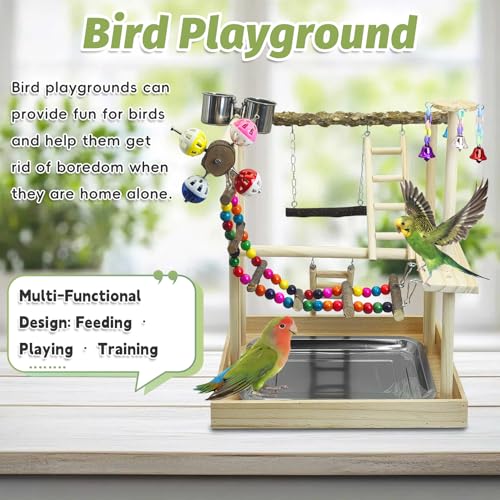 PINVNBY Bird Playground Parrot Perch Stand Play Gym Cockatiel Wood Bird Toys Birds Cage Accessories Playpen Ladder with Feeder Cups Hanging Swing Toys for Parakeet Conure Lovebird Cockatiel - size: Two Floors With Bell Platform