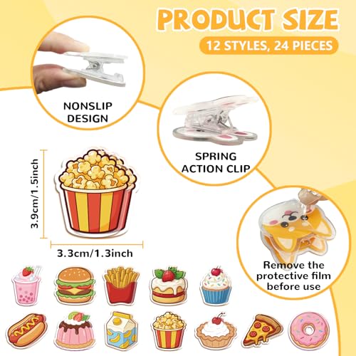 MAYJOYDIY 24Pcs 12 Styles Snack Beverage Acrylic Chip Clips Hot Dog Hamburger French Fries Bag Sealer Sealing Closures Cute Donut Popcorn Pizza Bag Clips for Food Storage Airtight Seal Grip - style: Snack Beverage