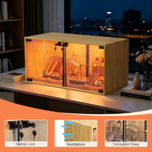 Chicken Brooder Box Lighted: Wooden Glass Hamster Cage with LED | Chewproof with Divider for Chicks Dwarf Syrian Hamster, Gerbil, Rats, Chicks, Ducks, Quails